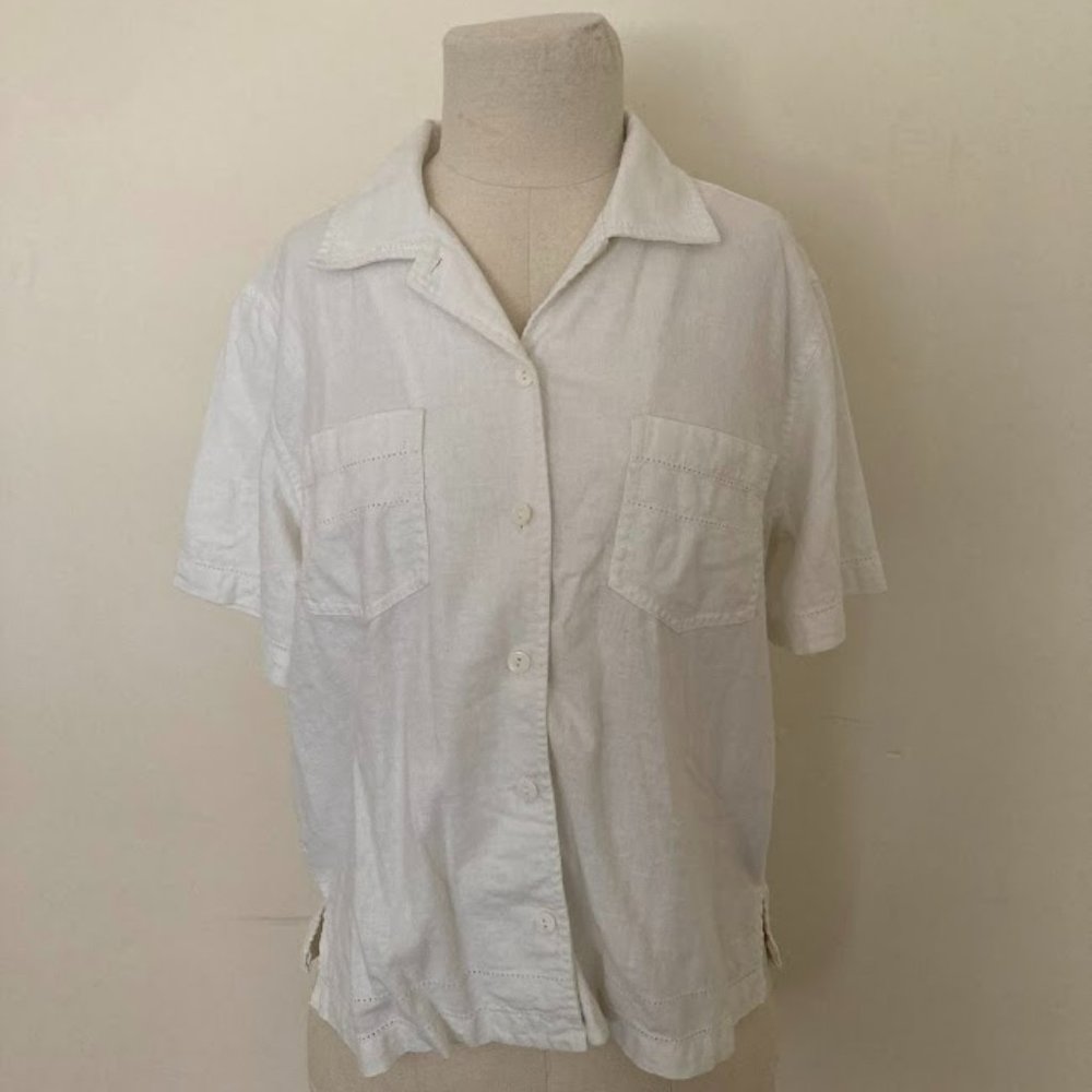 White Short Sleeve Linen Blouse